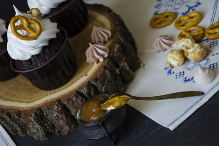Chocolate cake and other sweets with salted caramel and birdâs milkの写真素材