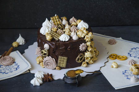 Chocolate cake and other sweets with salted caramel and birdâs milkの写真素材