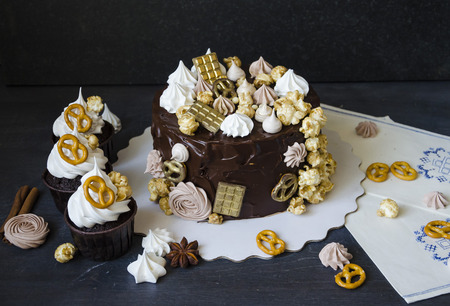 Chocolate cake and other sweets with salted caramel and birdâs milkの写真素材