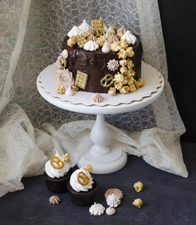 Chocolate cake and other sweets with salted caramel and birdâs milkの写真素材
