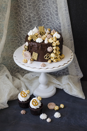 Chocolate cake and other sweets with salted caramel and birdâs milkの写真素材