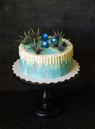 color drip cream cheese cake with iridium and caramel spheresの写真素材