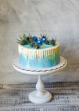 color drip cream cheese cake with iridium and caramel spheresの写真素材