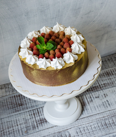 gilded chocolate cake with merengues, raspberries and mint leavesの写真素材