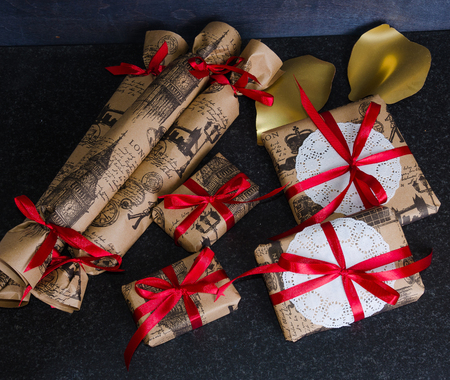 Christmas hand made present boxes decorated with lace and ribbonsの写真素材