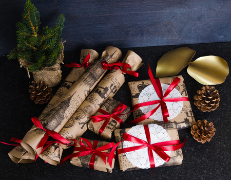 Christmas hand made present boxes decorated with lace and ribbonsの写真素材