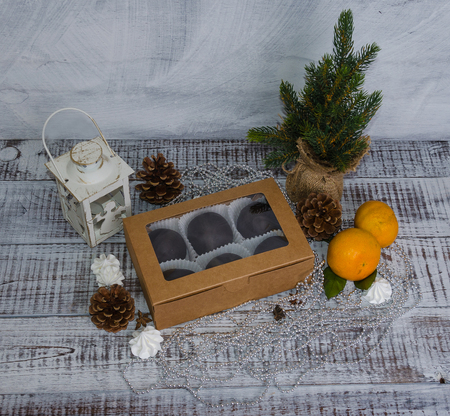 New year chocolate potato cake on wooden backgroundの写真素材