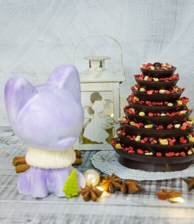 Christmas decoration set with candles, lights and firtreeの写真素材