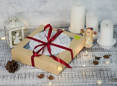 Christmas decoration set with candles, lights and firtreeの写真素材