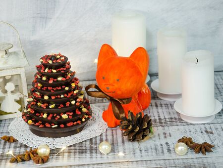 Christmas decoration set with candles, lights and firtreeの写真素材