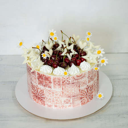 Burgundy stencil cake with roses for 30th anniversaryの写真素材