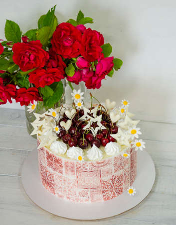 Burgundy stencil cake with roses for 30th anniversaryの写真素材