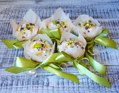 Easter cake holiday outlay with wooden decorationの写真素材