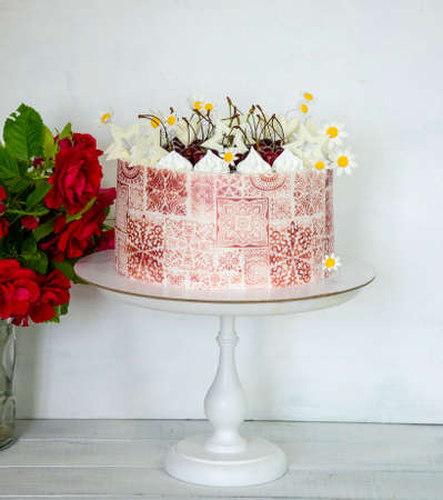 Burgundy stencil cake with roses for 30th anniversaryの写真素材