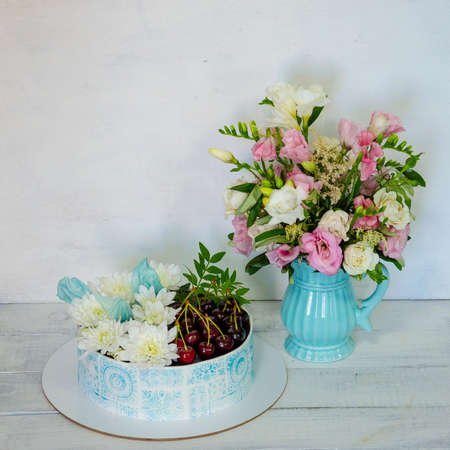 Best stencil cake with cherries and chrysanthemumの写真素材