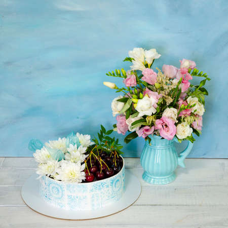 Best stencil cake with cherries and chrysanthemumの写真素材