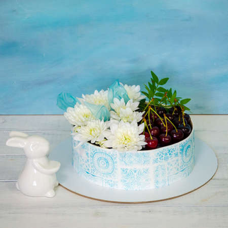 Best stencil cake with cherries and chrysanthemumの写真素材