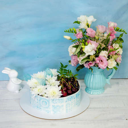 Best stencil cake with cherries and chrysanthemumの写真素材