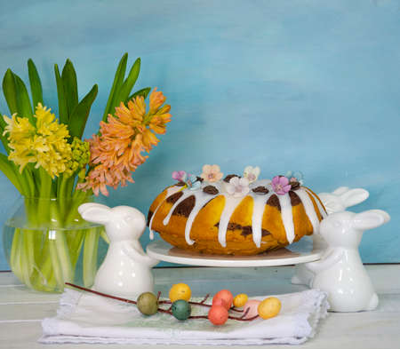 Easter cake holiday outlay with wooden decorationの写真素材
