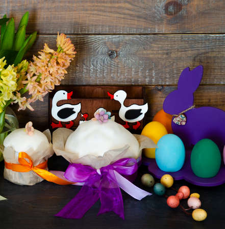 Easter cake holiday outlay with wooden decorationの写真素材