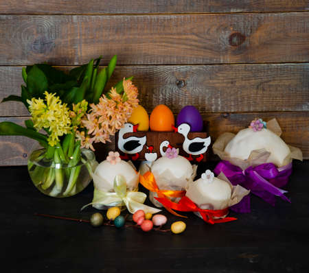 Easter cake holiday outlay with wooden decorationの写真素材