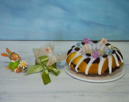Easter cake holiday outlay with wooden decoration