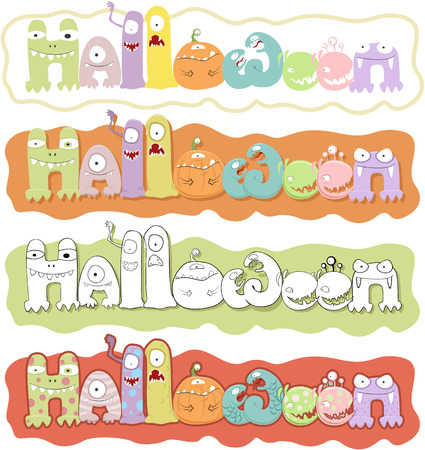 Vector illustration of  Halloween lettering with different cute monstersのイラスト素材