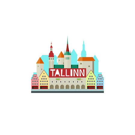 Vector illustration of Tallinn Estonia with city hall and cute small houses isolatedのイラスト素材