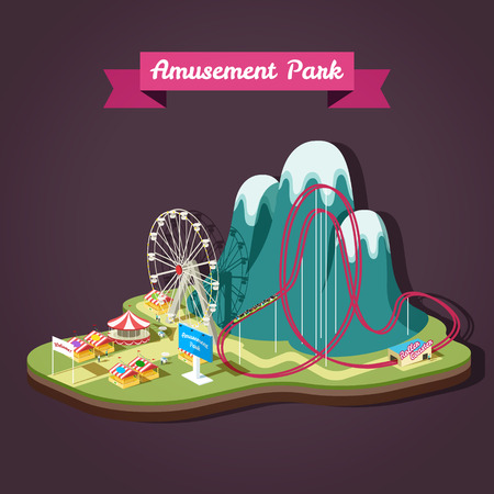 Vector isometric illustration of Amusement Park with different attractions. EPS 10 file.のイラスト素材