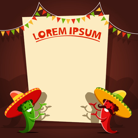 Two funny red and green chili peppers and poster template. EPS 10 fileのイラスト素材