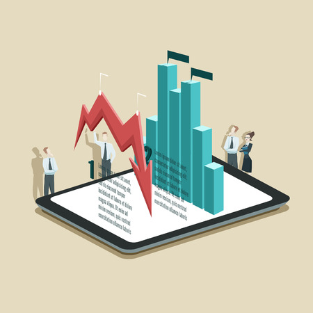 Vector illustration of business infographic concept with businessman and businesswoman who is standing near tablet PC with diagrams. EPS 10 file.のイラスト素材