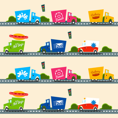 Urban cargo trucks vector seamless pattern in simple kids style. EPS 10 fileのイラスト素材
