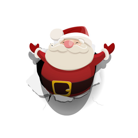 Vector Santa Claus leaned out of the hole in paper isolated on white background. のイラスト素材