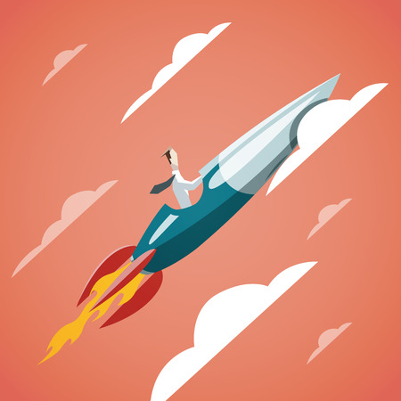 Success in business - Businessman is flying on the rocket up in the sky. EPS 10 fileのイラスト素材
