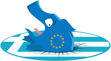 Vector illustration of Greece economy crisis concept. Piggy bank is sinking into the greek flag.のイラスト素材