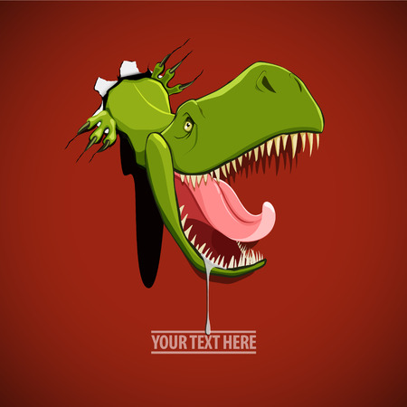 Vector illustration of an angry and hungry dinosaur comes out from the hole in the wallのイラスト素材