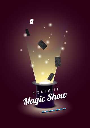 Vector poster with magician hat with flying cards and magic wand. EPS 10 fileのイラスト素材