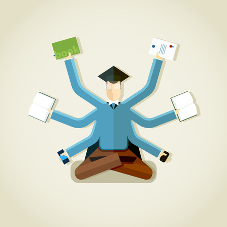 Alumni student with many hands vector illustration. Multitasking concept. EPS 10 fileのイラスト素材