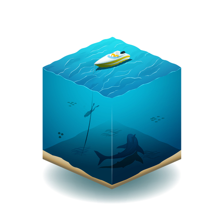 Illustration of the cube. Diver swims in the ocean with a shark. EPS 10 fileのイラスト素材