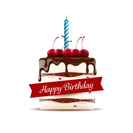 Small delicious birthday cream cake with chocolate glaze with candle.のイラスト素材