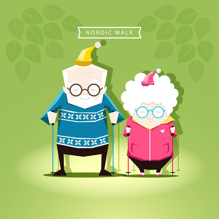 Vector illustration of the grandparents at the nordic walk at park.のイラスト素材