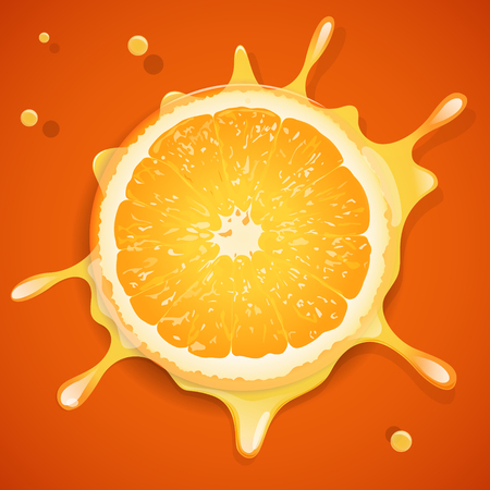 Splash of orange juice over the cut surface of the orange on orange background.のイラスト素材