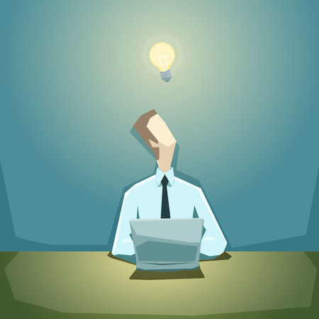 Businessman writes a business plan on the computer and waiting for a good idea.のイラスト素材