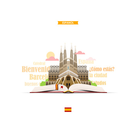 Learning spanish. Illustration with the image of an open book, cathedral and Spanish words and expressions. EPS 10 file.のイラスト素材