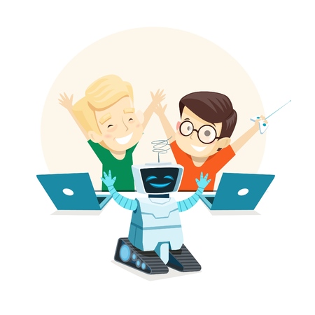 Happy children run the robot in robotics class. Vector illustration.のイラスト素材