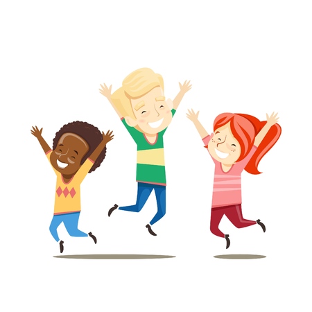 Multiracial boys and girls jump happy. Vector illustration.のイラスト素材