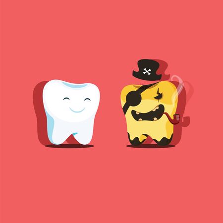 Vector illustration of two healthy and sick teeth. Sick tooth in the image of the evil pirate. EPS 10 file.の写真素材