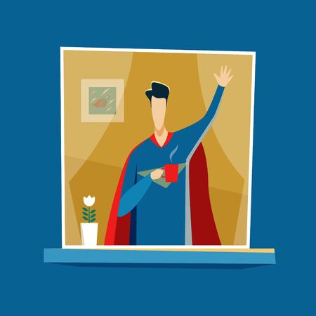 Superhero stay at home and greets everyone.のイラスト素材