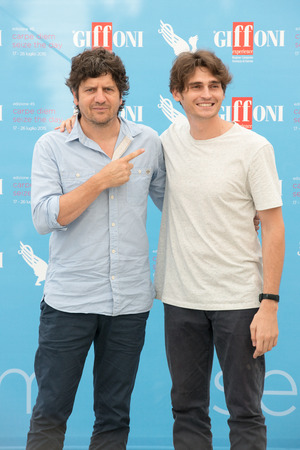 GIFFONI VALLE PIANA (SA) - JULY 18: Actors Fabio De Luigi and Angelo Duro poses at photocall during the 45th Giffoni Film Festival at Cittadella del Cinema, July 18, 2015 in Salerno, Italy.のeditorial素材