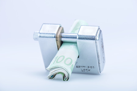 deadbolt with European banknotes inside, still lifeの写真素材